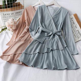 Pearl-trim Asymmetric Mini Dress With Sash