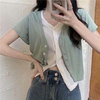 V-neck Mock Two-piece Cropped Top