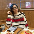 Bear Print Striped Knit Sweater