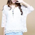 Lace Trim Long Sleeve Sheer Top Off-white - One Size