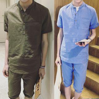 Set : Linen-blend Short-sleeve Top + Shorts