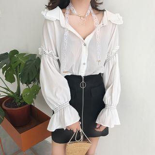 Frill Trim Shirt/ Faux Leather A-line Skirt
