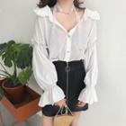 Frill Trim Shirt/ Faux Leather A-line Skirt
