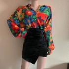 Long-sleeve Open-front Floral Print Shirt / Irregular Fitted Mini Skirt