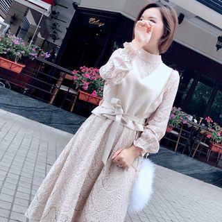 Set: Long-sleeve Midi A-line Lace Dress + Vest