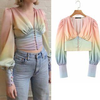 Long-sleeve V-neck Chiffon Crop Top