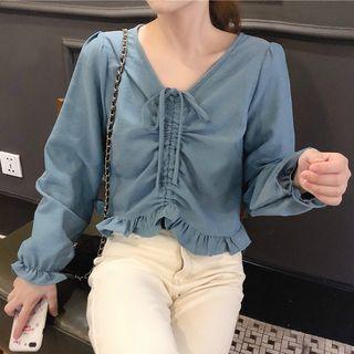Drawstring Long-sleeve Ruffle Top