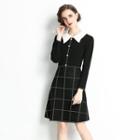 Long-sleeve Collared Plaid Knit A-line Dress Black - One Size