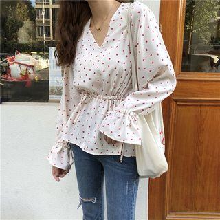 Heart Print V-neck Drawstring Waist Blouse As Shown In Figure - One Size