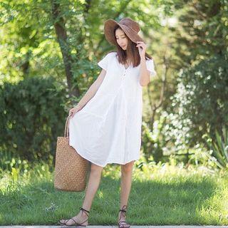Plain Short-sleeve A-line Dress Pink - One Size