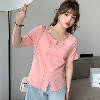 Short-sleeve V-neck Plain Slit T-shirt