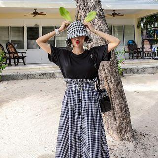 Set: Round-neck Top + Checked Wide-leg Pants With Belt