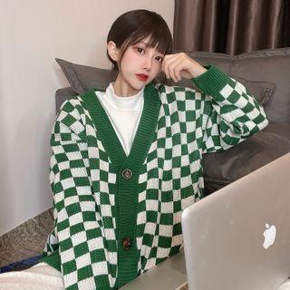 Checkerboard V-neck Cardigan M52 - Green - One Size