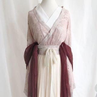 Long-sleeve Lace Wrap Top / Scarf / Plain Long-sleeve Wrap Top / Maxi A-line Slit Skirt / Set