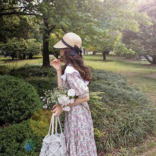 Frilled Collar Floral Print Dress With Sash