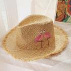 Flamingo Embroidered Straw Sun Hat Panama Hat - Pink Flamingo - Khaki - One Size