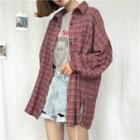 Stand-collar Long-sleeve Gingham Long Blouse