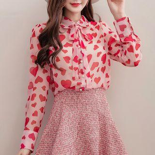 Long-sleeve Heart Print Chiffon Shirt