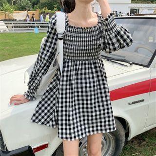 Balloon-sleeve Gingham A-line Dress As Shown In Figure - One Size