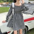 Balloon-sleeve Gingham A-line Dress As Shown In Figure - One Size