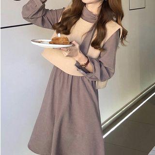 Long-sleeve Mock Neck A-line Dress / Sleeveless Crop Top