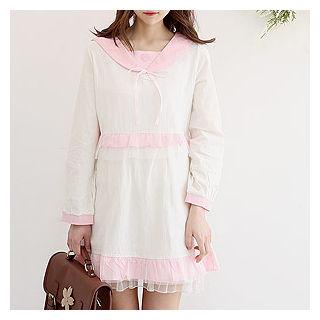 Sailor-collar Mesh-overlay Mini Dress