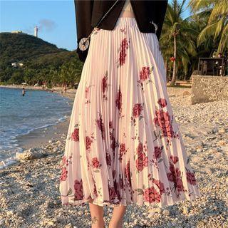 Elastic Waist Floral Print Pleated Midi Skirt