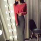 Set: Long-sleeve Crop Top + Slit Midi Skirt