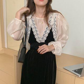 V-neck Lace Trim Midi A-line Overall Dress Dress - Black - One Size