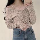 Floral Lettuce Edge Shirred Long-sleeve Cropped T-shirt Pink - One Size