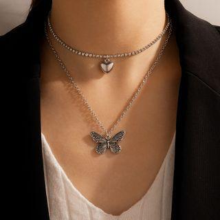 Layered Butterfly Heart Pendant Necklace 1 Pc - 16831 - Silver - One Size