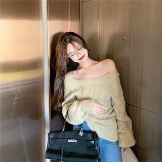 Off Shoulder Plain Ribbed Oversize Sweater Khaki - One Size