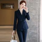 Double-breasted Blazer / Dress Pants / V-neck Blouse / Set