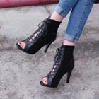 Peep-toe Lace-up Chunky Heel Short Boots