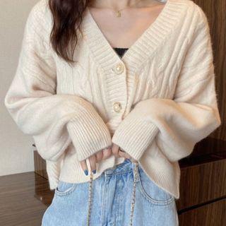 Long-sleeve V-neck Plain Button-up Loose-fit Knit Jacket