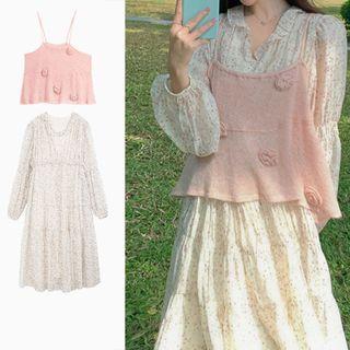 Long-sleeve Floral Print Midi Dress / Floral Knit Camisole Top / Set