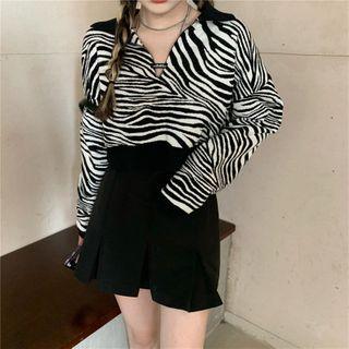 Zebra Print Cropped Knit Top Zebra Print - Black & White - One Size