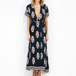 Printed Short Sleeve Deep V Maxi Dress