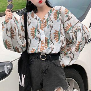 Print V-neck Blouse As Shown In Figure - One Size