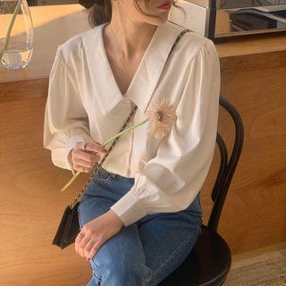 Peter Pan Collar Retro Lantern-sleeve Shirt White - One Size