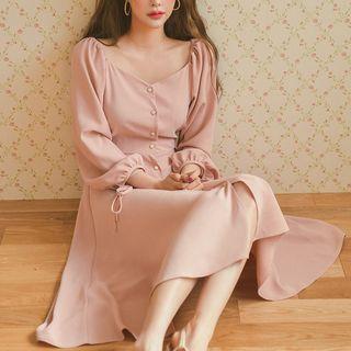 Long-sleeve A-line Chiffon Dress Warm Color - One Size