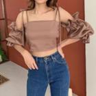 Puff-sleeve Cold Shoulder Ruffled Crop Top