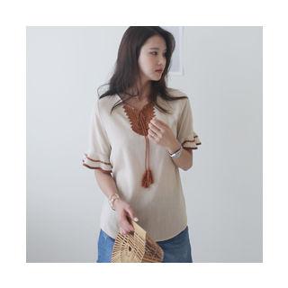 Bell-sleeve Tassel-detail Top