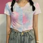 Tie-dye Short Sleeve Buttoned Cropped Top As Shown In Figure - One Size