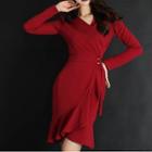 Long-sleeve Waist-tied Ruffle-hem Dress