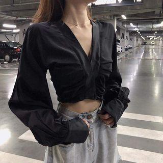 Long-sleeve V-neck Plain Cropped Top