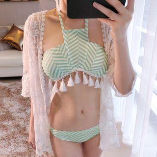 Set: Tasseled Chevron Patterned Bikini + Lace Cover-up