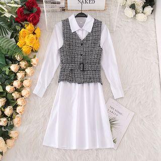 Set: Long-sleeve Midi Shirtdress + Plaid Vest