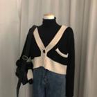 Color-block Cropped Knit Cardigan Black - One Size