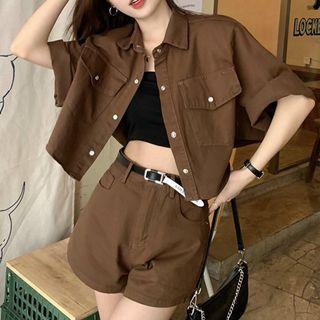 Elbow-sleeve Denim Shirt / Wide Leg Shorts / Belt / Set